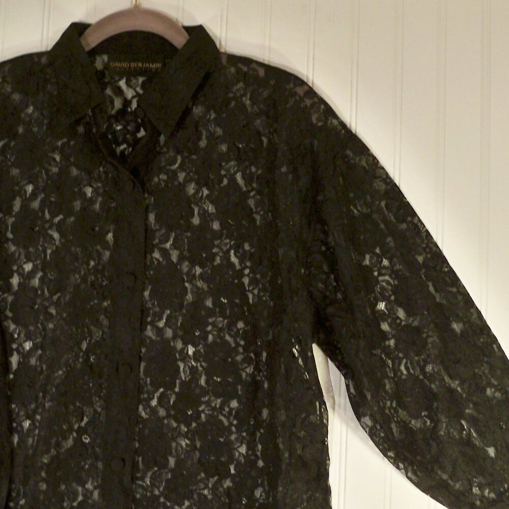 David Benjamin Collection Black Floral Lace Button Up Shirt, S